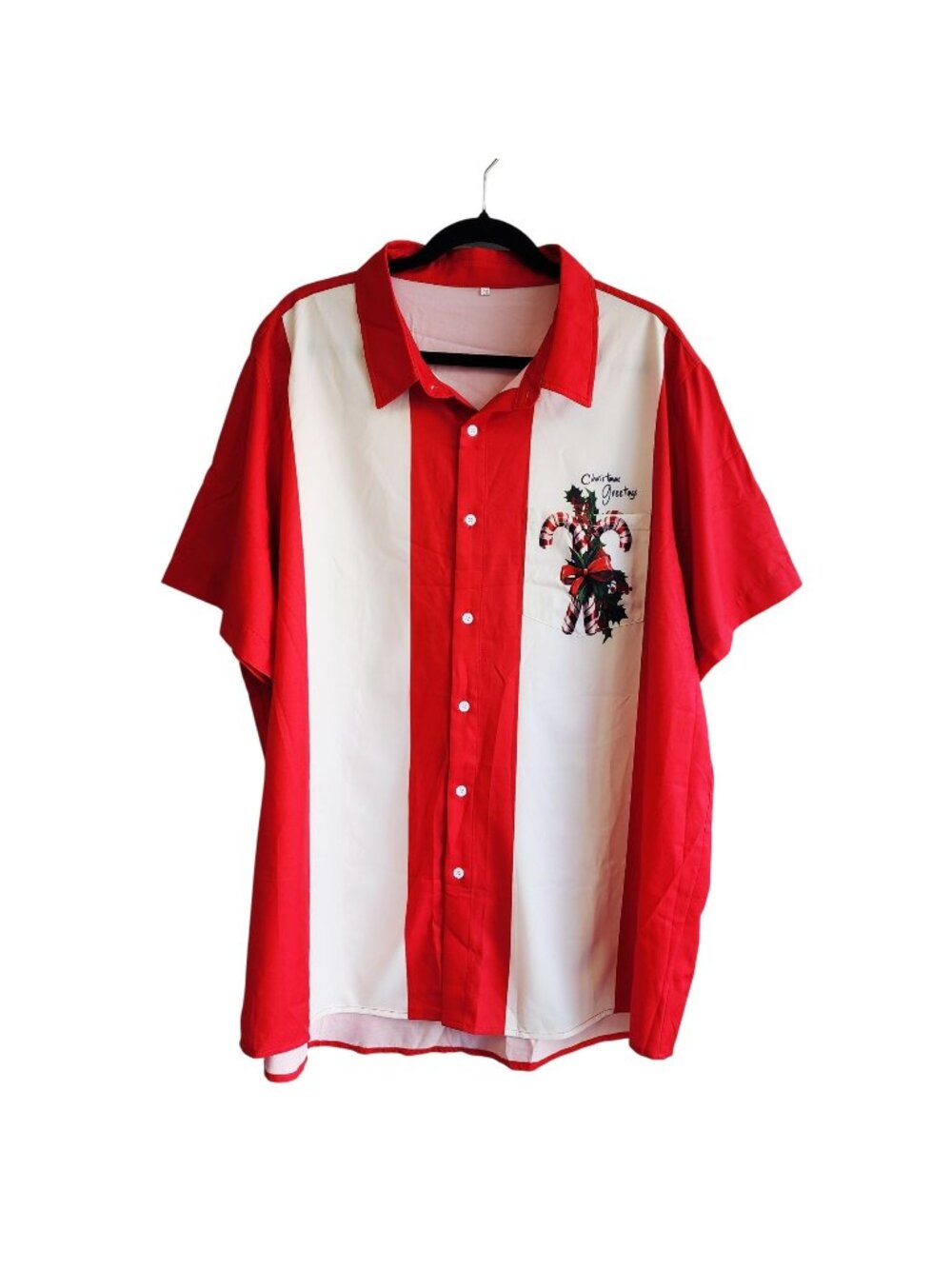 Christmas Greetings Red White Button Up Shirt Short Sleeve 2XL Candy Cane